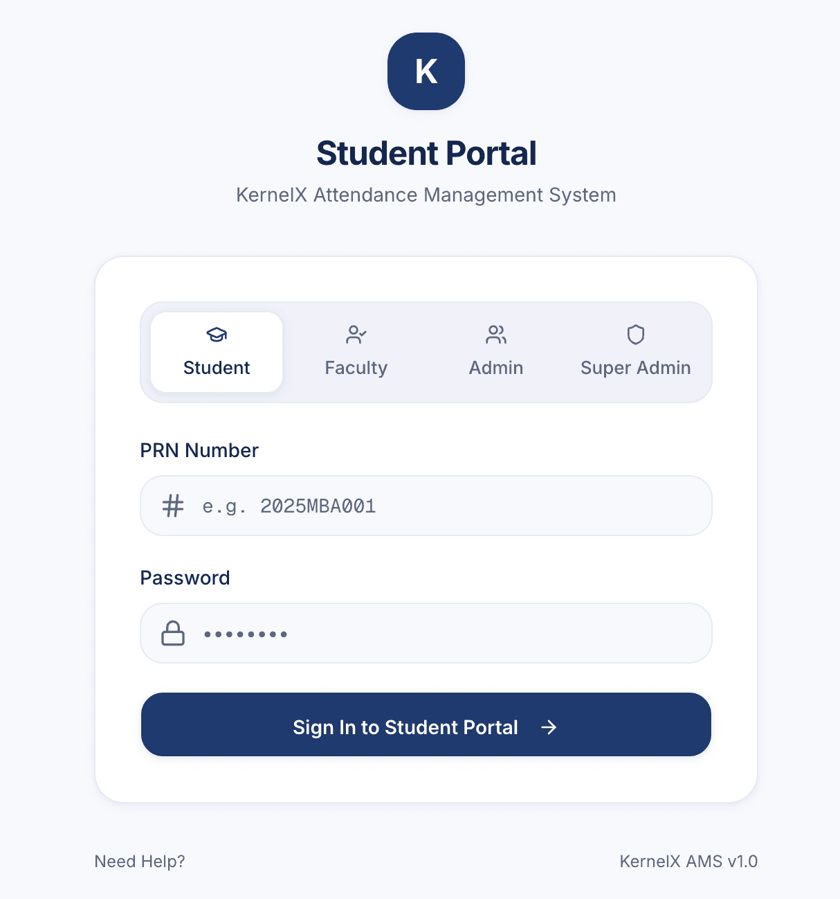 The KAMS sign-in screen, with role selection across Student, Faculty, Admin and Super Admin and PRN-based sign-in.